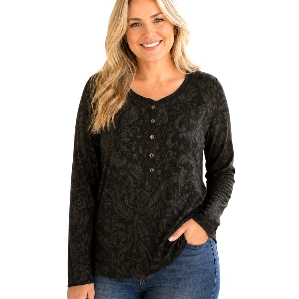 Lauren Ralph Lauren Damask Henley Top Womens Large Black Gold Knit Preppy Tee